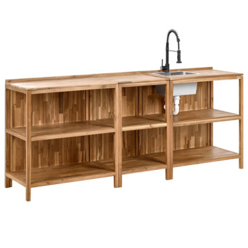 Image of Beliani 3 Piece Outdoor Kitchen Set With Sink Venosa Acacia Wood Brown/ Black