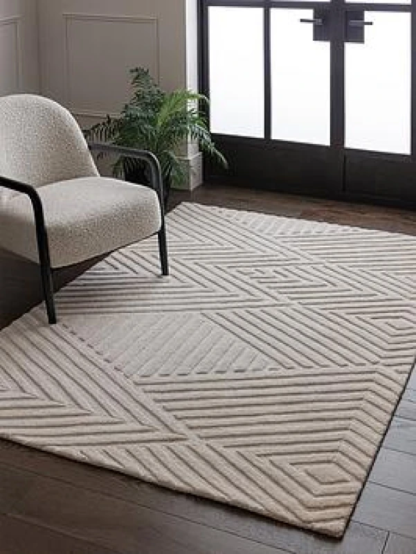 Image of Ivory Handmade Wool Modern Geometric Rug For Living Room And Bedroom-200Cm X 290Cm
