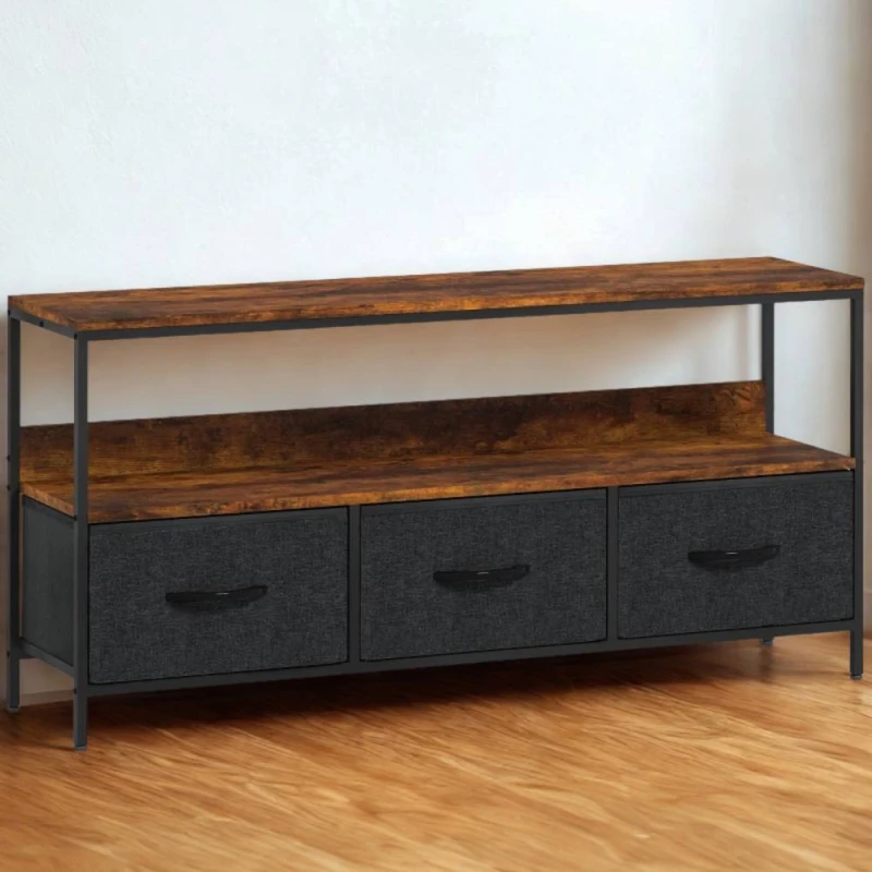 Image of FURNOS Industrial TV Stand Unit With 3 Storage Drawers Rustic in Brown Brown Unisex