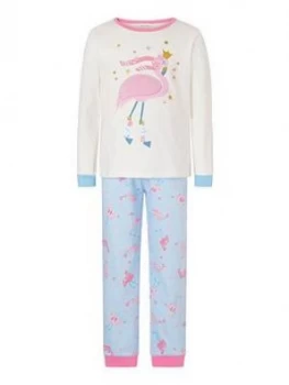 Image of Monsoon Girls Flamingo Jersey Pyjama Set - Ivory, Size 3-4 Years, Women