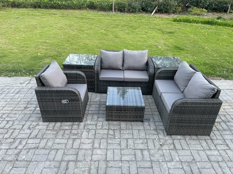 Image of Fimous 6 Piece Garden Furniture Sets 5 Seater Outdoor Patio Furniture Set Weaving Wicker Rattan Sofa Chair and Table with 2 Side Tables Dark Grey