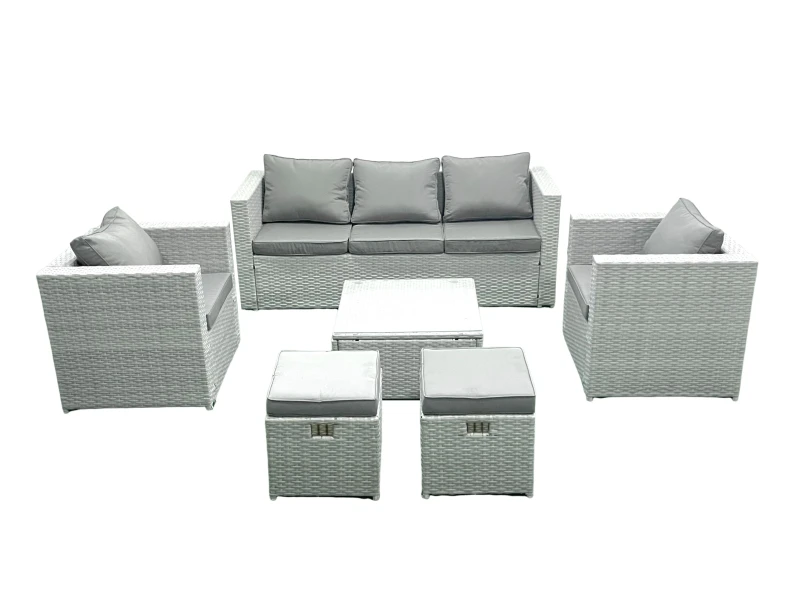 Image of Fimous 7 Seater Rattan Garden Furniture Set with 3 Seater Sofa 2 Chair Square Coffee Table 2 Small Footstools Light Grey Mixed Light Grey