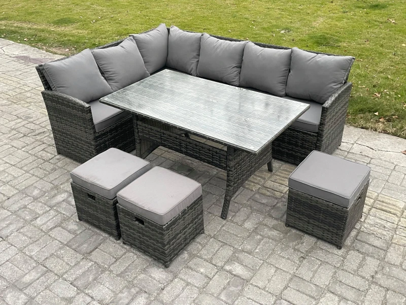 Image of Fimous Outdoor Rattan Garden Furniture Corner Sofa Set with Rectangular Dining Table 3 Small Footstools Patio Wicker Rattan Set in Dark Grey Dark Grey