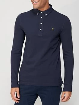 Image of Farah Ricky Long Sleeve Pique Polo Shirt - Navy, Size S, Men