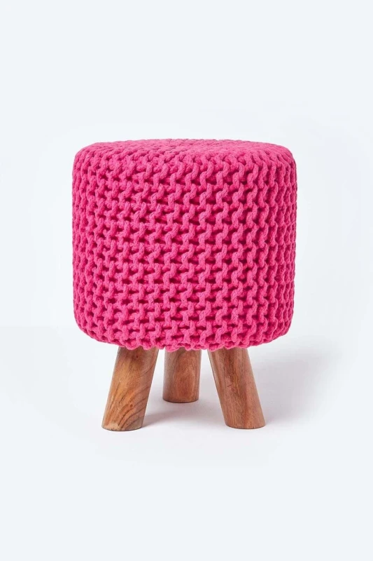 Image of Homescapes Tall Cotton Knitted Footstool on Legs Pink