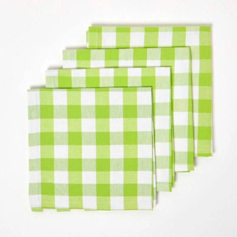 Image of Homescapes Block Check Cotton Gingham Napkins, Set of 4 Green