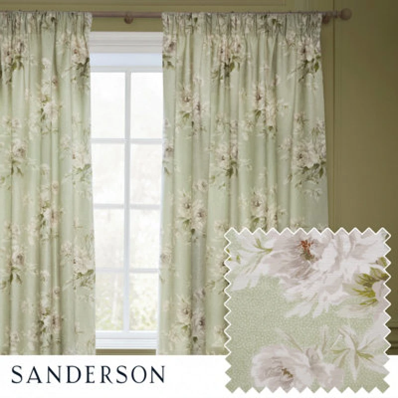 Image of Sanderson Sanderson Adele Floral Chenille Room Darkening Pencil Pleat Curtains in Light Green Size: 168cm width x 183cm drop Light Green 168cm width