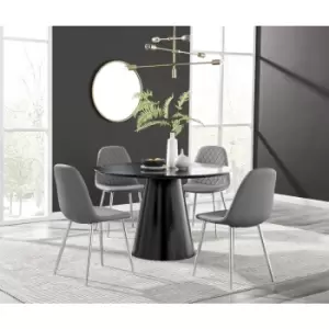 Image of Furniturebox Palma Black Semi Gloss 120cm Round Minimalist Dining Table & 4 Grey Corona Faux Leather Dining Chairs with Silver Legs Diamond Stitch