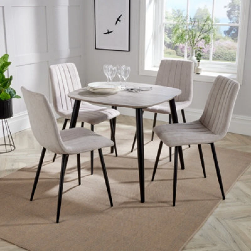 Image of Core Products Aspen Grey Oak Effect 80Cm Square Dining Table With 4 Natural Fabric Straight Stitch Design Chairs
