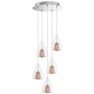Image of Merano - Escondido 5 Light Cluster Pendant Ceiling Light Chrome Aluminium Clear Glass, Rose Gold Frame LED G9