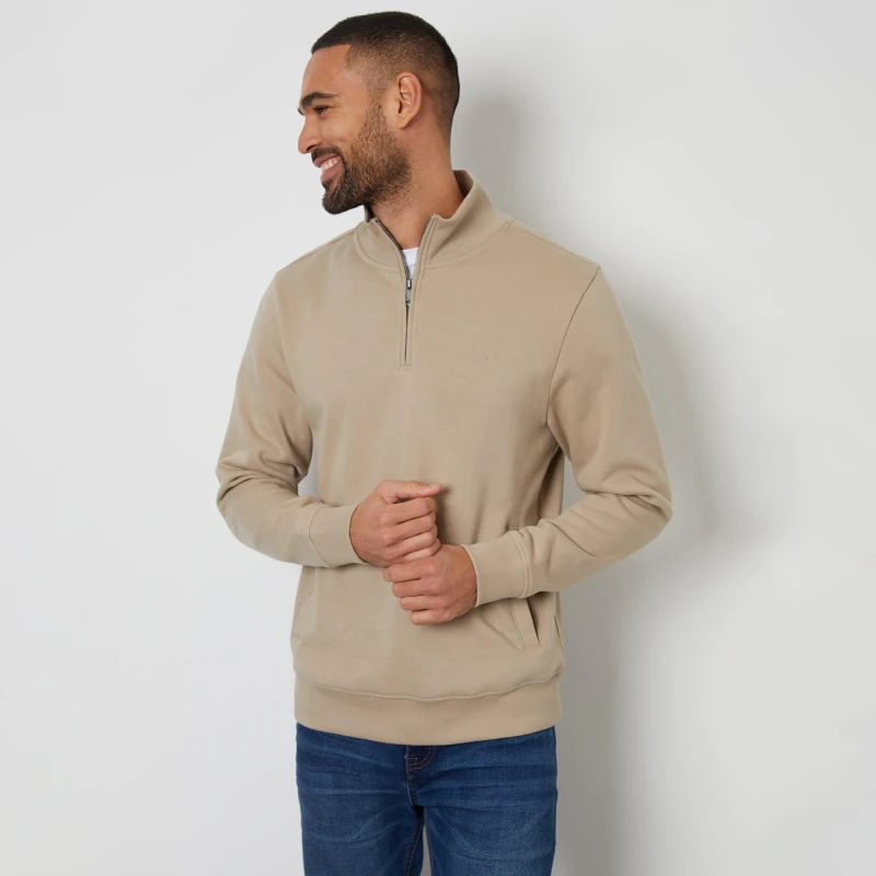 Image of Threadbare Mens Oatmeal Marl Quarter Zip Sweatshirt Stone