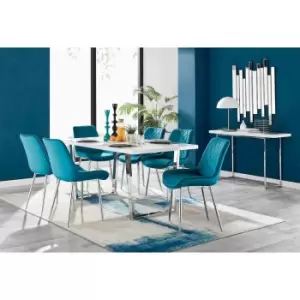 Image of Furniture Box Kylo White High Gloss Dining Table and 6 Blue Pesaro Silver Chairs