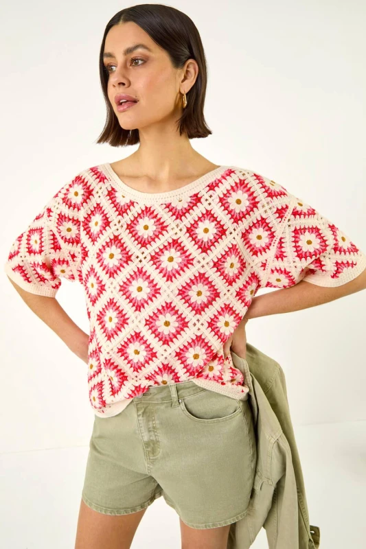 Image of Roman Womens Floral Crochet Knit Top in Pink Size: Large Pink Female L