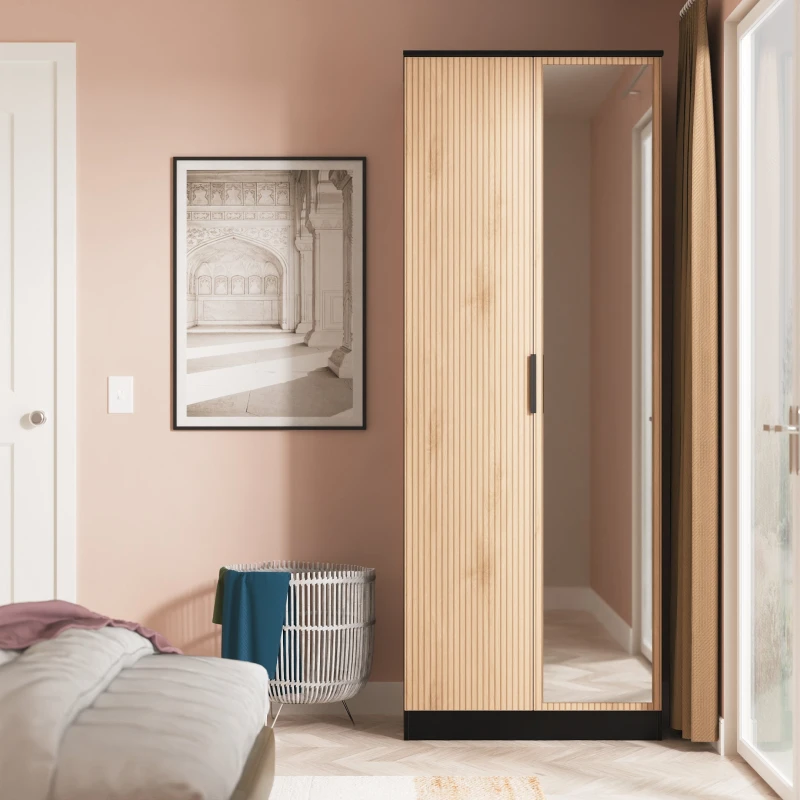 Image of Welcome Furniture Ltd Java Tall Double Mirror Wardrobe in Slat Effect & Black - Ready Assembled, Black JAV087SEBK