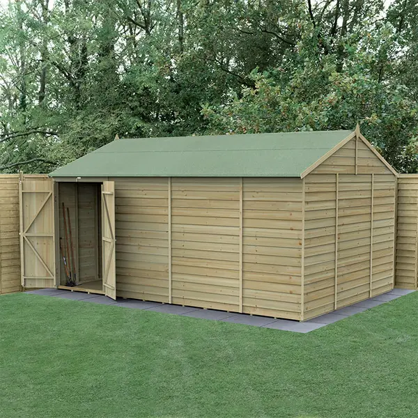 Image of 15' x 10' Forest 4Life 25yr Guarantee Overlap Pressure Treated Windowless Double Door Reverse Apex Wooden Shed (4.48m x 3.21m)