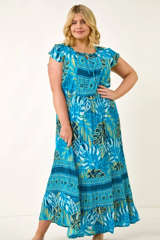Image of Roman Womens Curve Tropical Tie Neck Dress in Blue Size: 20 Blue Female 20
