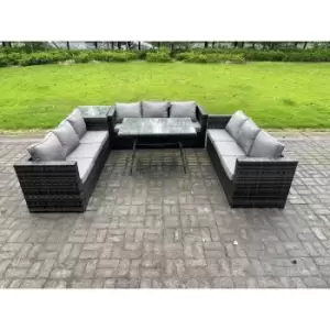 Image of Fimous 9 Seater Outdoor Dark Grey Rattan Lounge Complete Sofa Set with Patio Side Table and Dining Table