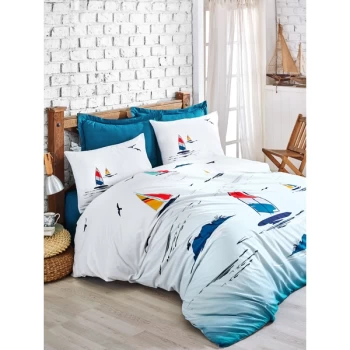Image of 129CTN2389 Neta - Blue Blue White Dark Blue Yellow Red Ranforce Single Quilt Cover Set