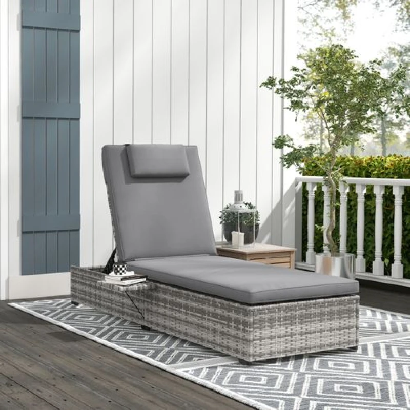 Image of Outsunny Outdoor PE Rattan Lounger w/ Cushion, 5-Level Reclining Rattan Sun Lounger Grey