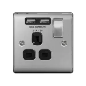 Image of BG Nexus Metal Brushed Steel Single 1 Gang Plug Socket with 2 x USB Outlet Black Insert 13A - NBS21U2B