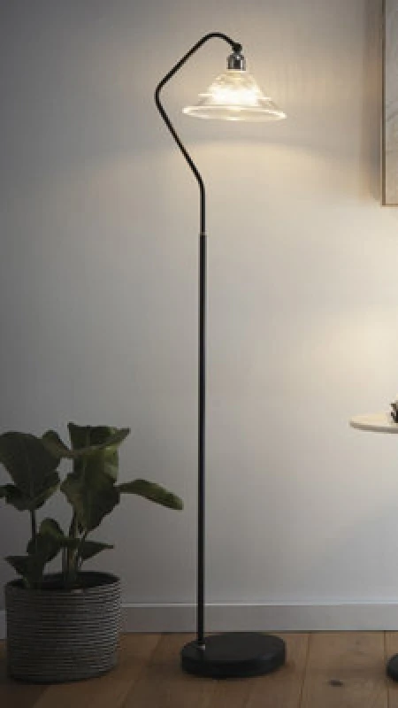 Image of K Living Stunning Black Metal Floor Lamp With A Clear Ribbed Glass Shade And Satin Nickel Shade Holder