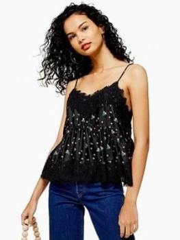 Image of Topshop Ditsy Lace Hem Cami Top - Black
