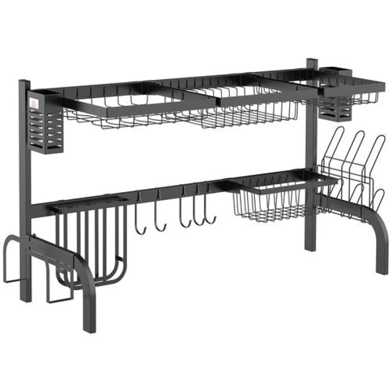 Image of Homcom Over The Sink Dish Drainer Rack, 2 Tier Dish Rack For Kitchen, Black 801-288V00BK