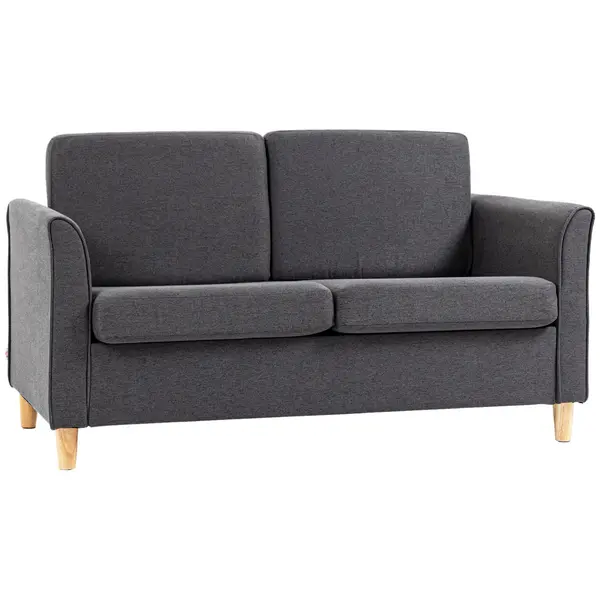 Image of HOMCOM Double Seat Sofa Loveseat Couch 2 Seater Linen Armchair with Wood Legs Dark Grey