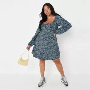 Image of Missguided Puff Sleeve Ls Mini Dress Floral - Blue