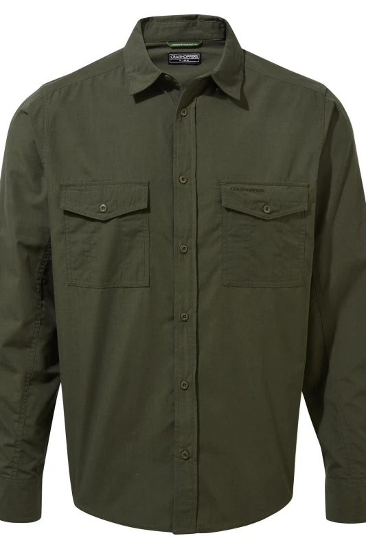 Image of Craghoppers Craghoppers Men NosiDefense Cotton-Blend 'Kiwi' Long Sleeve Shirt in Dark Green Size: Small Dark Green S Male 5054904674565