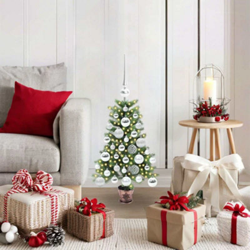 Image of vidaXL Christmas Tree with 150 LEDs, Silver Balls with Stand Green 65cm PE, Green 3396296