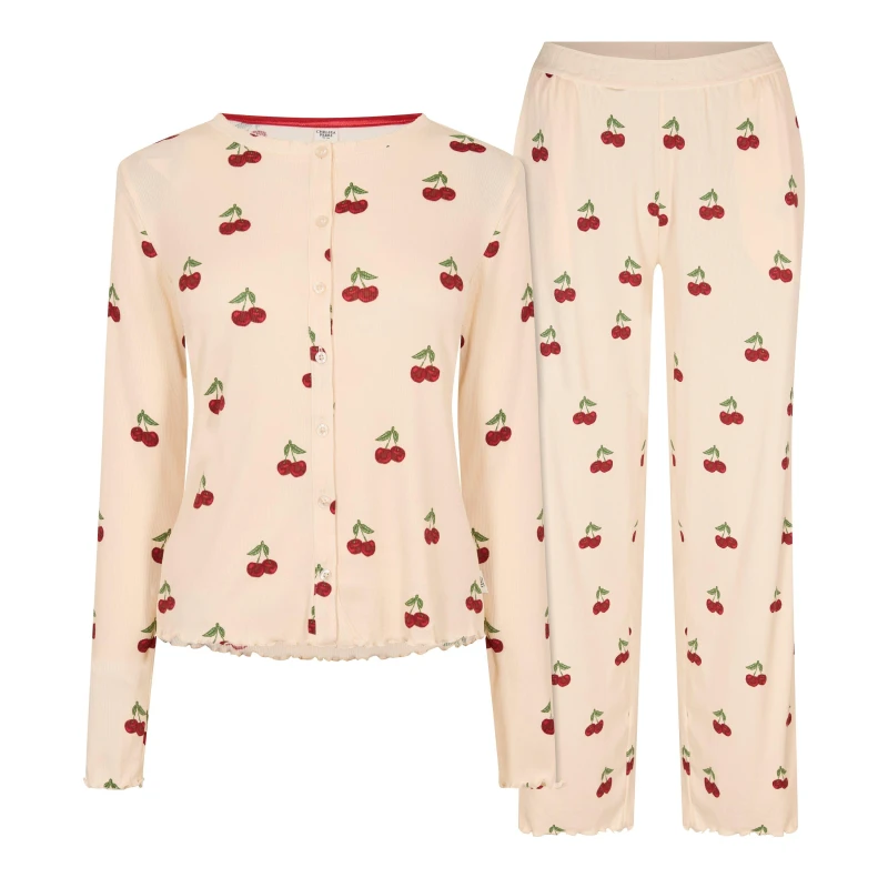 Image of Chelsea Peers Womens Ribbed Long Sleeve Pyjama Set Long Sleeve Pyjama Sets 8 (XS) Cream 32659969310