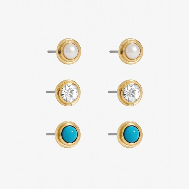Image of Mood Gold Plated Turquoise and Pearl Studs - Pack of 3 Gold female One Size