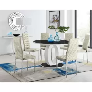 Image of Furniturebox UK - Furniturebox Giovani Black 120cm Round Dining Table and 6 Cream Velvet Milan Dining Chairs With Silver Legs