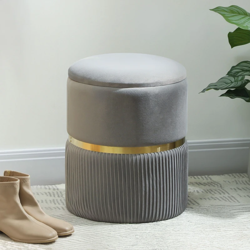 Image of HOMCOM HOMCOM Round Storage Foot Stool, Velvet-feel Fabric Upholstered Pouffe in Light Grey Light Grey One Size Unisex 5063603058699