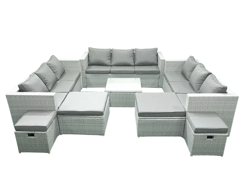 Image of Fimous Rattan Garden Outdoor Furniture Set 13 Seater Rattan Garden Sofa Set with 4 Footstools Light Grey Mixed Light Grey