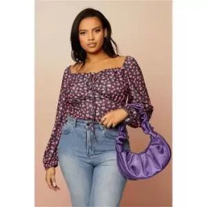 Image of I Saw It First Black Plus Size Floral Print Crepe Tie Front Milkmaid Bodysuit - Black