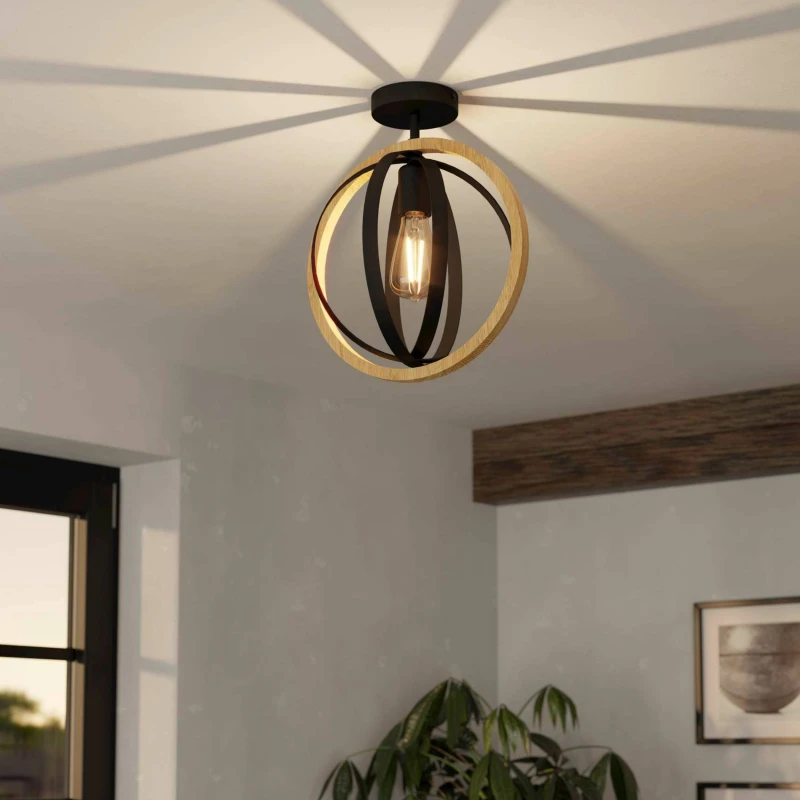 Image of Eglo Basildon Black Steel & Wood Modern Unique Design Ceiling Light Black Unisex
