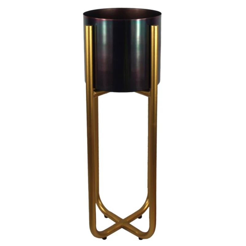 Image of Leaf Tall Gold Stand with Black Metal Planter 62cm x 18cm Size: 62cm x 18cm Black Unisex 62cm x 18 cm