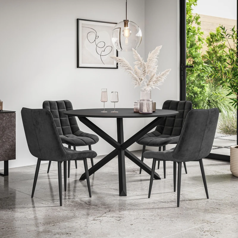 Image of More4Homes Malvern Round Dining Table And Chairs - Black Table Top W Solid Black Oak Legs + Nova Velvet Dining Chair Set Of 4 (Black)