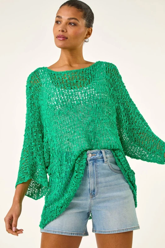Image of Roman Womens Light Weight Open Knit Jumper in Green Size: Medium Green Female M