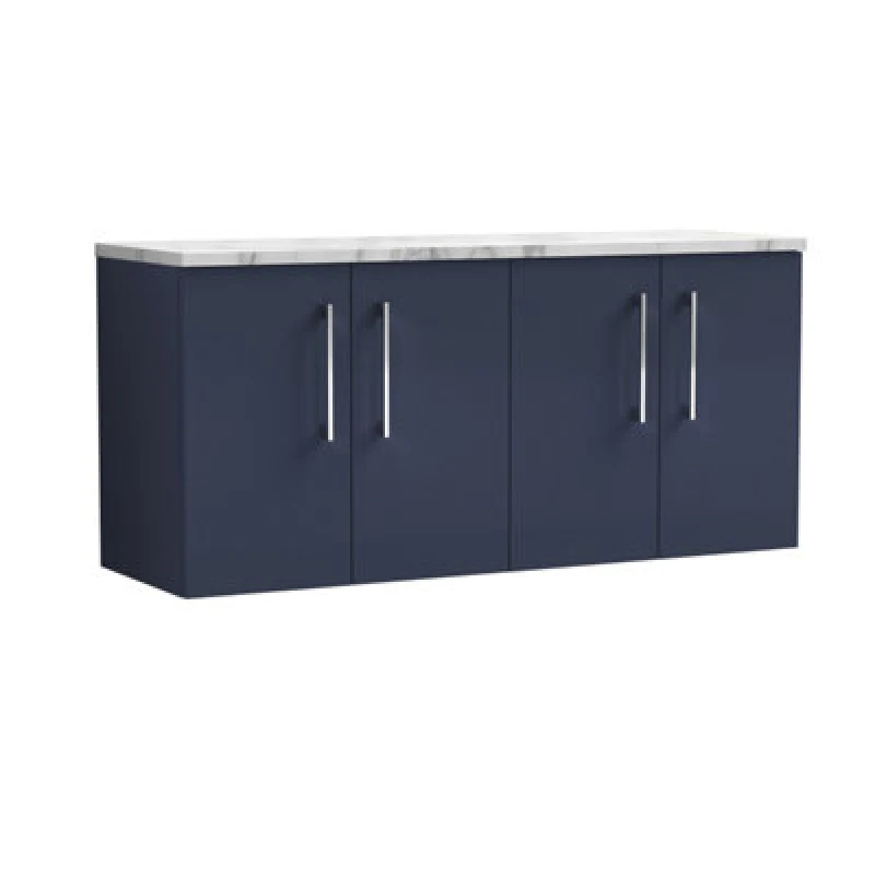 Image of Nuie Arno Wall Hung 4-Door Vanity & Carrera Marble Laminate Worktop, Stylish Counter Top Vanity Unit In Midnight Blue, 1200mm
