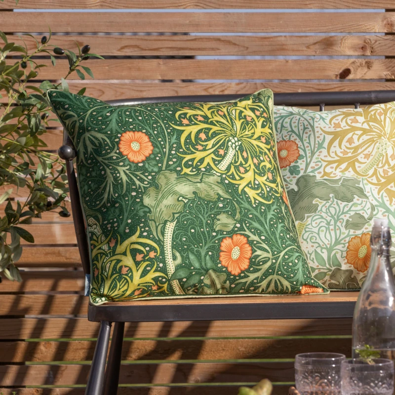 Image of Morris & Co Morris & Co Seaweed Printed Piped Outdoor Cushion in Green Size: 50cm x 50cm Green 50cm x 50cm Unisex 5025532850775