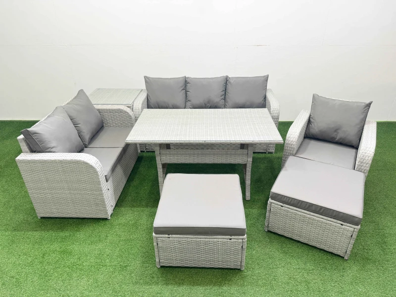 Image of FIMOUS Patio pe Wicker 8 Seater Outdoor Rattan Furniture Sofa Sets with Rectangular Dining Table Reclining Chair Loveseat Sofa 3 Seater Sofa 2 Big 400
