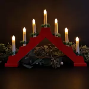 Image of 29cm Snow White Christmas Candlebridge with 7 Bulbs in Red Wood Mains Operated