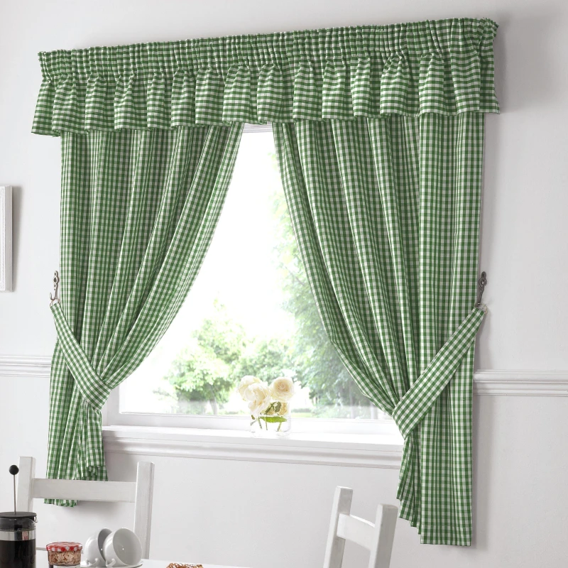 Image of Alan Symonds Gingham Green Checkered Taped Curtains With Tie Backs Green unisex