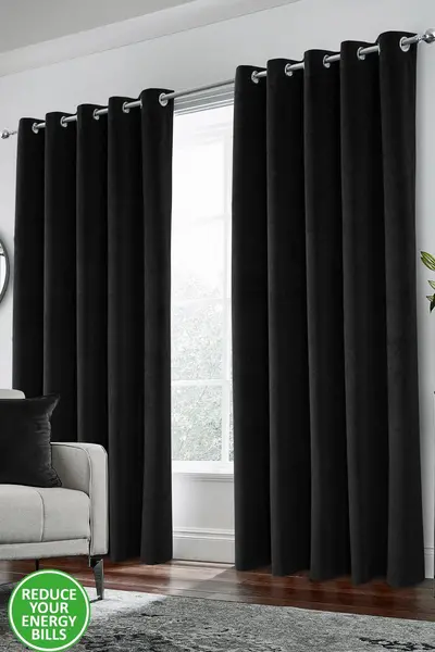 Image of Enhanced Living Black Velvet Thermal Pair Of Curtains 90x90'