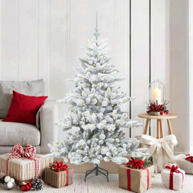 Image of vidaXL Artificial Hinged Christmas Tree with 150 LEDs, White Balls Snow Flocked 150cm PVC, Green 3397708