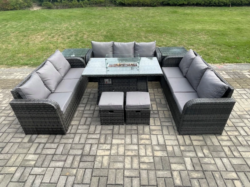 Image of Fimous Outdoor Rattan Furniture Garden Dining Set Gas Fire Pit Table With 2 Side Tables Lounge Sofa 2 Small Footstool Dark Grey
