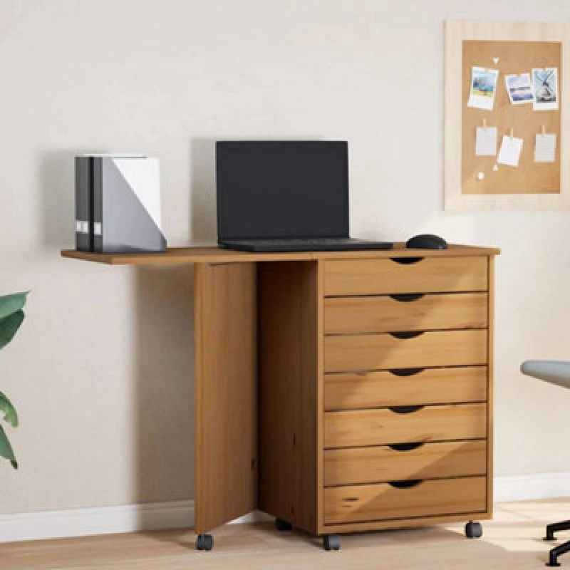 Image of Vidaxl Rolling Cabinet With Desk Moss Honey Brown Solid Wood Pine Rolling Cabinets